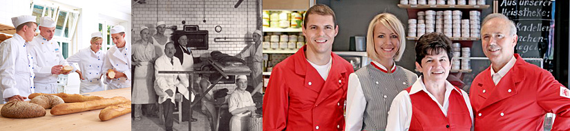 Bäckerlehrlinge in der Ausbildung, Historische Bäckerei, Fleischereifachverkäufer in einer Fleischerei